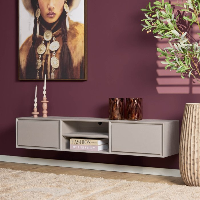 Zwevend tv-meubel Ambiance Taupe 160 cm in sfeervolle woonkamer