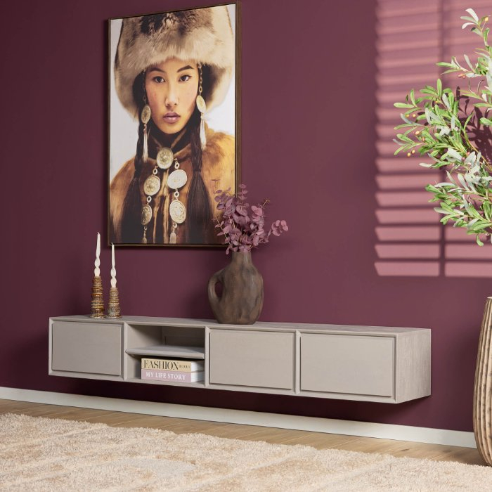 Zwevend tv-meubel Ambiance Taupe 200 cm in sfeervolle woonkamer