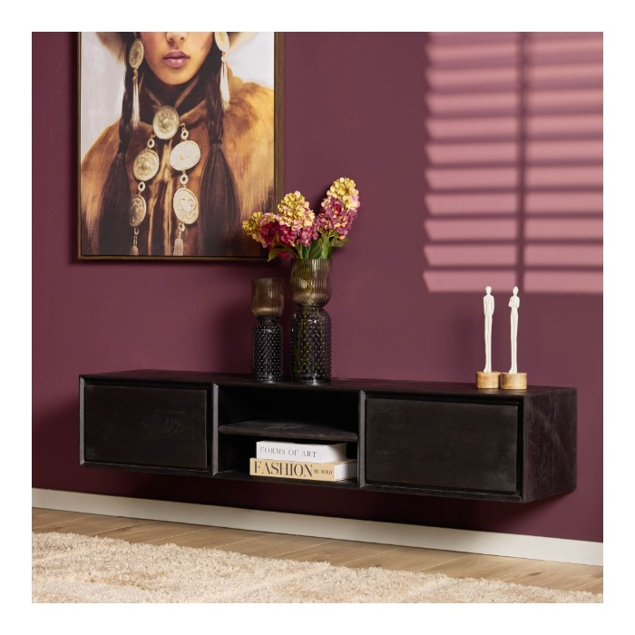 Zwevend tv meubel Ambiance Zwart mangohout 160 cm - sfeerbeeld