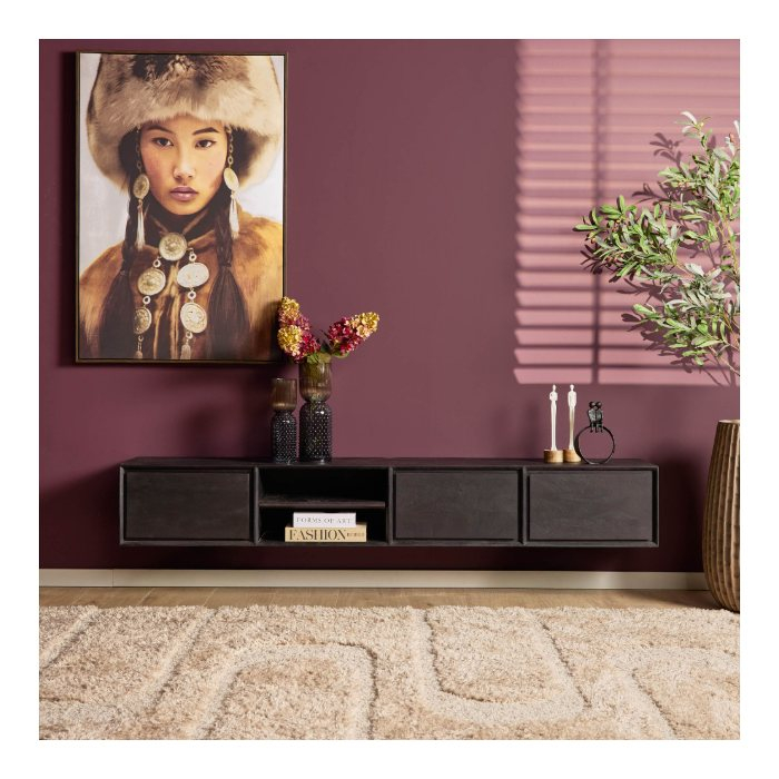 Zwevend tv meubel Ambiance Zwart mangohout 200 cm - sfeerbeeld