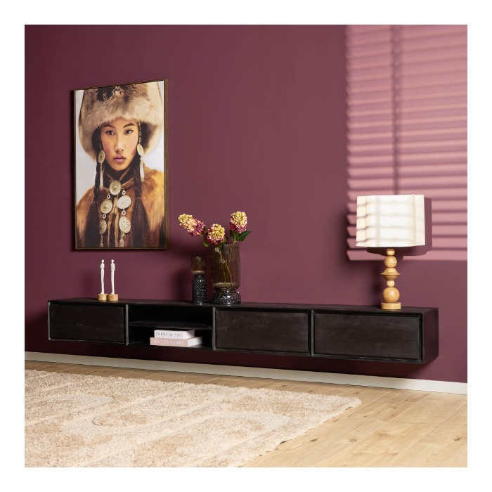 Zwevend tv meubel Ambiance Zwart mangohout 280 cm - sfeerbeeld