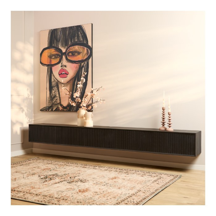 Zwevend tv meubel Madison Zwart mangohout 280 cm - sfeerbeeld