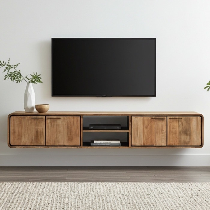 Zwevende tv kast teak 225 cm.