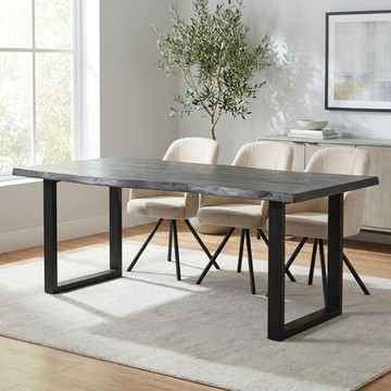 Boomstamtafel 220 cm van grijs acaciahout met zwarte U-poten.