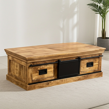 Mangohouten salontafel industrieel met schuifdeuren.