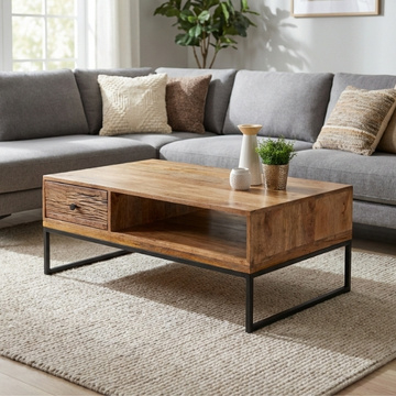 Salontafel mangohout met lade 120 cm.