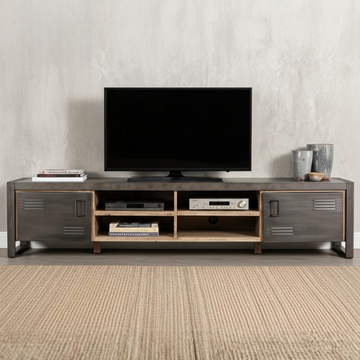 Tv kast industrieel betonlook met stalen deuren.