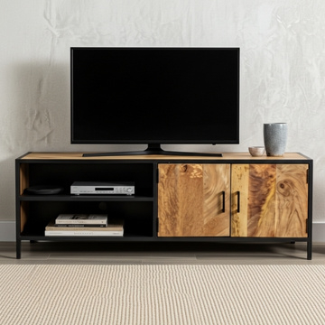 Industrieel tv meubel mangohout met open vakken en 2 deurtjes.