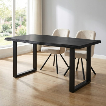 Zwarte boomstamtafel 160 cm met zwarte stalen U-poten.