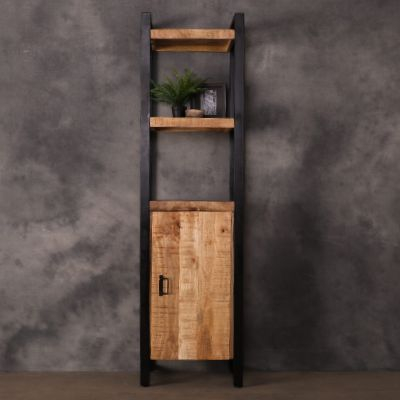 Boekenkast mangohout met een deur en zwart staal