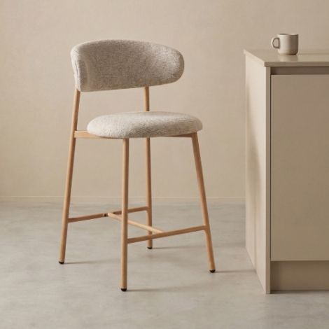 Lage barkruk Kevin beige stof, naturelkleurig onderstel