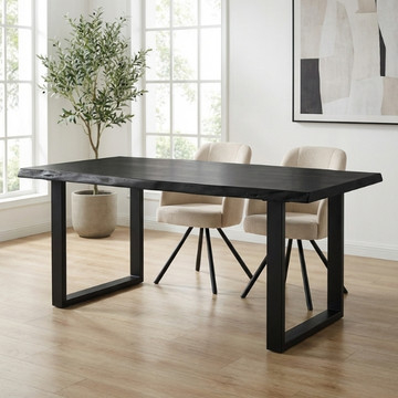 Zwarte boomstamtafel 180 cm met zwarte stalen U-poten.