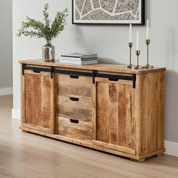 Mangohouten dressoir met schuifdeuren 175 cm breed.