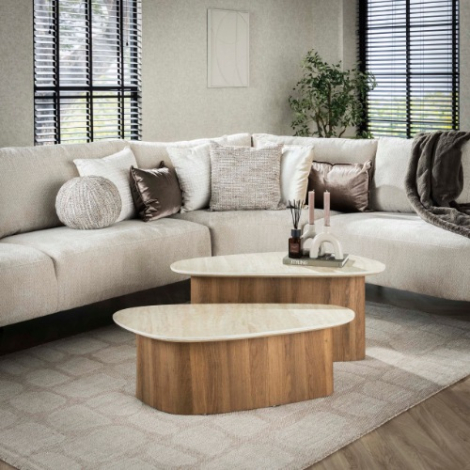 Driehoekige salontafel travertinlook Axel set van 2 90 cm - sfeerfoto