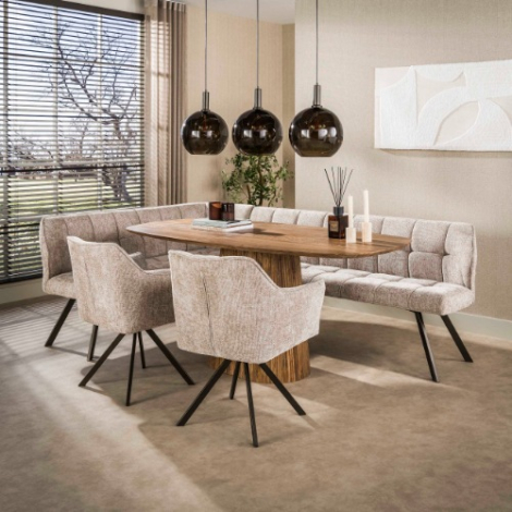 Eetkamer hoekbank links Arno beige met bruin onderstel - sfeerfoto