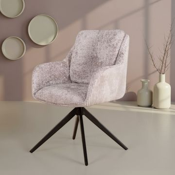 Eetkamerstoel met lichtgrijs ribstof, armleuning en draaibaar.