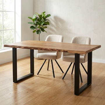 Acacia boomstam eettafel 180 cm met zwarte stalen U-poot.