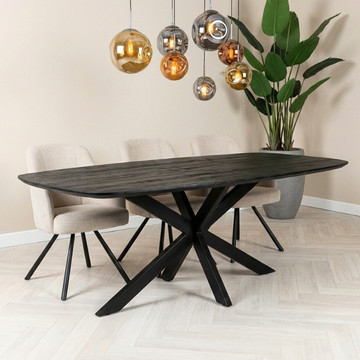 Deense ovale eettafel zwart 200 cm met zwarte stalen spinpoot