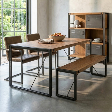 Goedkope mangohouten eettafel rond met zwart onderstel.