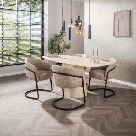 Eettafel keramiek travertinstructuur 180 cm Cara met middenpoot - sfeerfoto