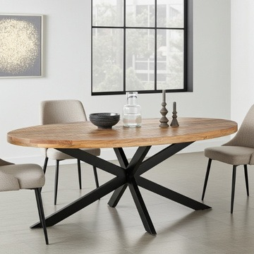 Eettafel mangohout ovaal 200 cm met spinpoot van zwart staal.