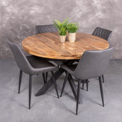 eettafel rond 110 diameter. Mangohout 6cm dik blad. Met spinpoot van zwart metaal