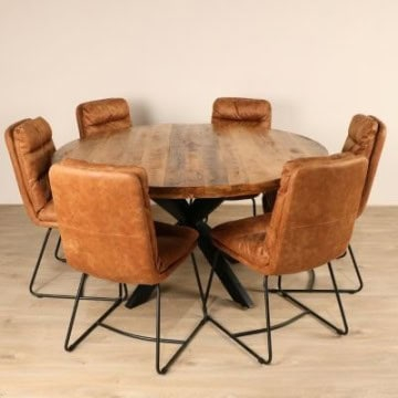 Eethoek van mangohout 140cm met vier stoelen in stof cognac.