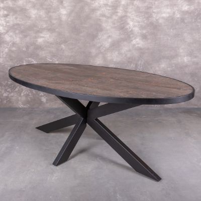 Eettafel van steen fineer. Ovaal 200cm met zwarte spinpoot.