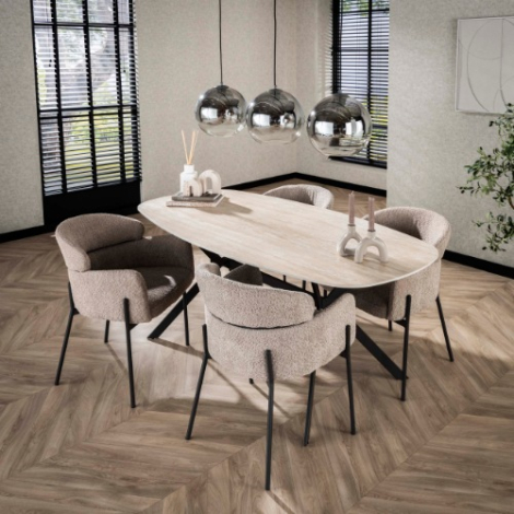 Eettafel in travertinlook deens ovaal 180 cm Axel met stalen frame - sfeerfoto