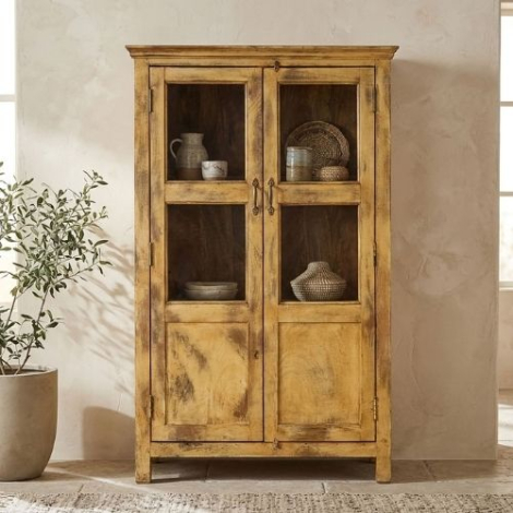 Gele vitrinekast vintage met twee deuren