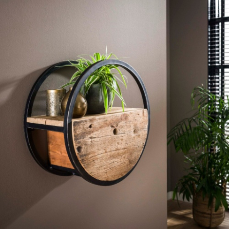 Groot rond wandschap met lade 50 cm Romy gerecycled hardhout - sfeerfoto