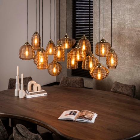 Hanglamp amber glas met 15 lampen Leda - sfeerfoto