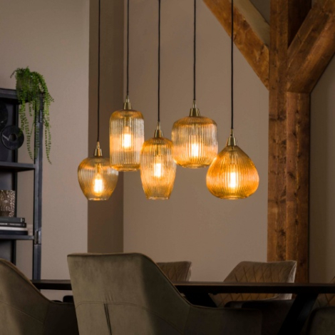 Hanglamp amber glas met 5 lampen Gida - sfeerfoto