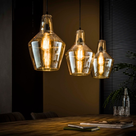 Hanglamp amber glas oud zilver 3 lampen Kaelo - sfeerfoto