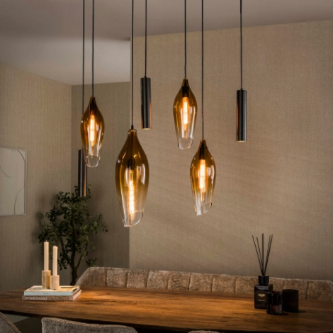 Hanglamp brons glas Tora met kleurverloop 7 lampen - sfeerfoto