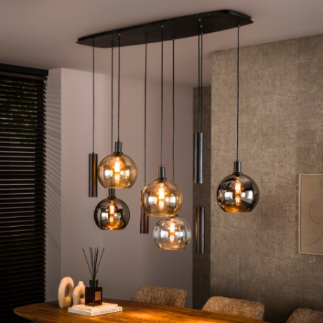 Hanglamp glazen bollen 9 lampen Makalu zwart - sfeerfoto