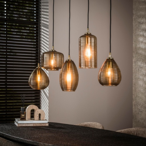 Hanglamp smoke glas met 5 lampen Gida bruin - sfeerfoto