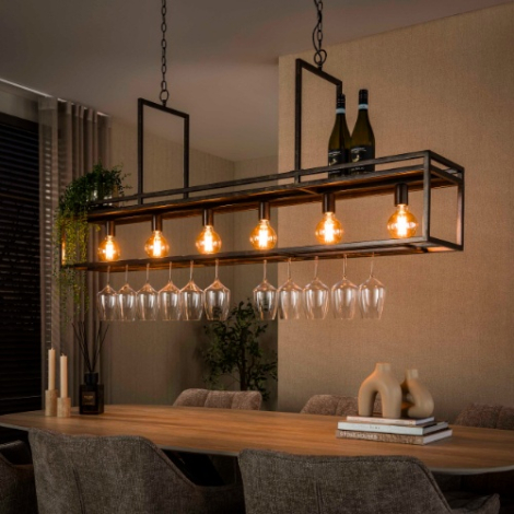 Hanglamp met wijnglazenrek 6 lampen Calo bruin - sfeerfoto