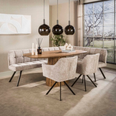 Hoekbank eetkamer rechts Arno beige met bruin onderstel - sfeerfoto