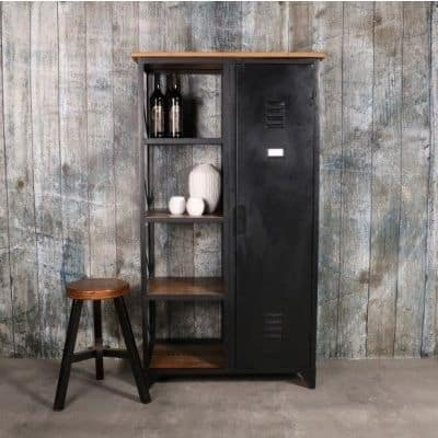 Industriële lockerkast zwart. Met mangohout. 160*90*45cm