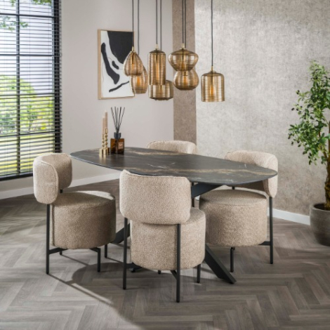 Keramische eettafel deens ovaal 180 cm Alvi natuursteenlook - sfeerfoto