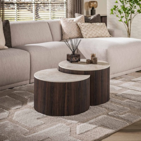 Keramische salontafel half rond natuursteenlook Arda set van 2 - sfeerfoto