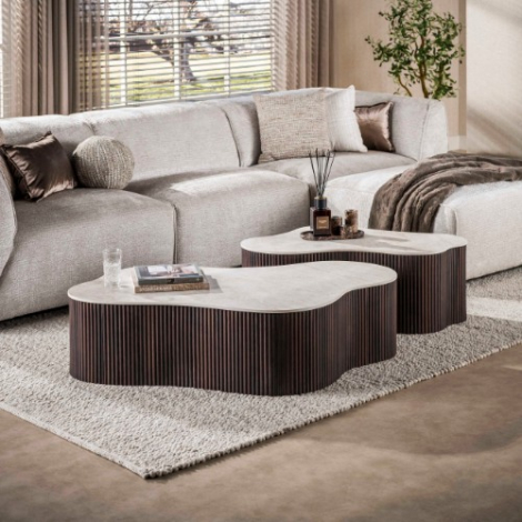 Keramische salontafelset natuursteenlook Arda 135 cm - sfeerfoto