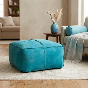 Lederen poef vierkant 75cm turquoise