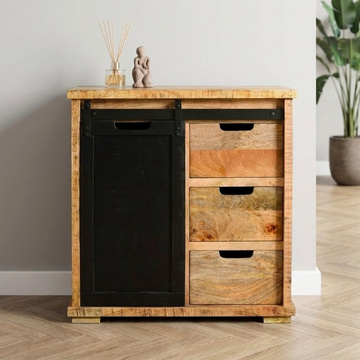 Mangohout ladekast met schuifdeurtje 85 cm breed.