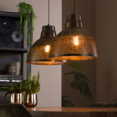 Metalen hanglamp met gaatjes 2 lampen Cilo antiek brons - sfeerfoto
