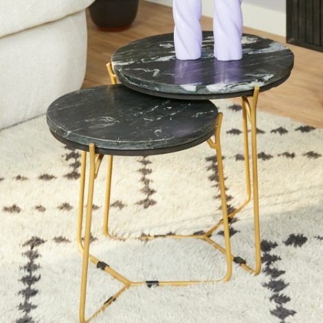 Salontafel Caly set van 2 met zwart marmeren blad en goudkleurig frame