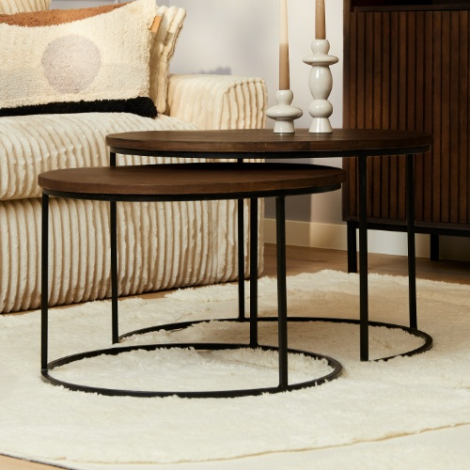 Salontafel Madison bruin mangohout 70 cm set van 2 in de woonkamer
