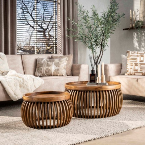 Salontafel mangohout met lamellen Vala set van 2 78 cm - sfeerfoto