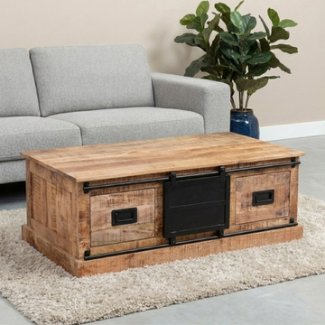 Mangohouten salontafel met schuifdeur.